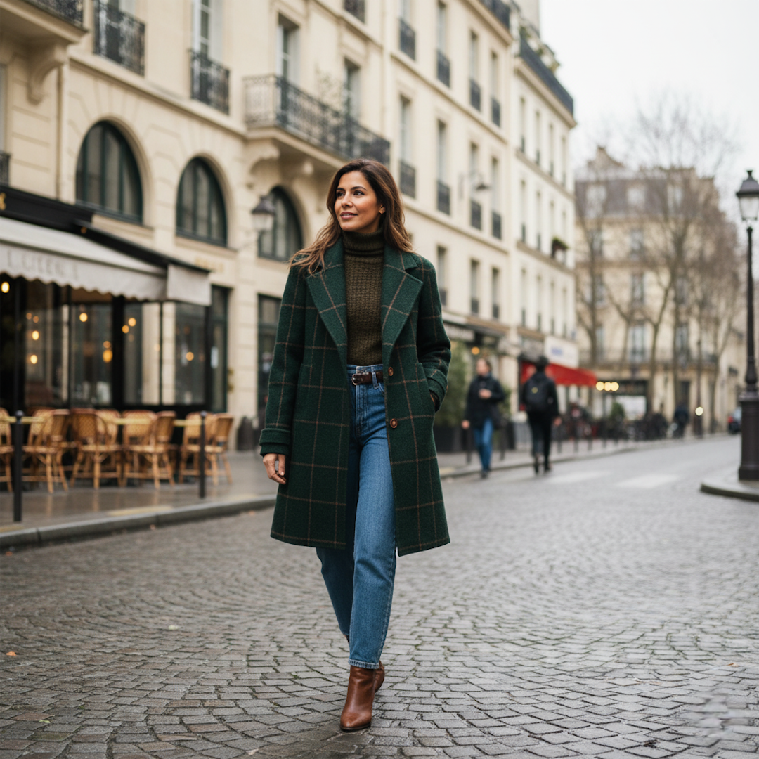 Monique – Manteau à Carreaux Classique